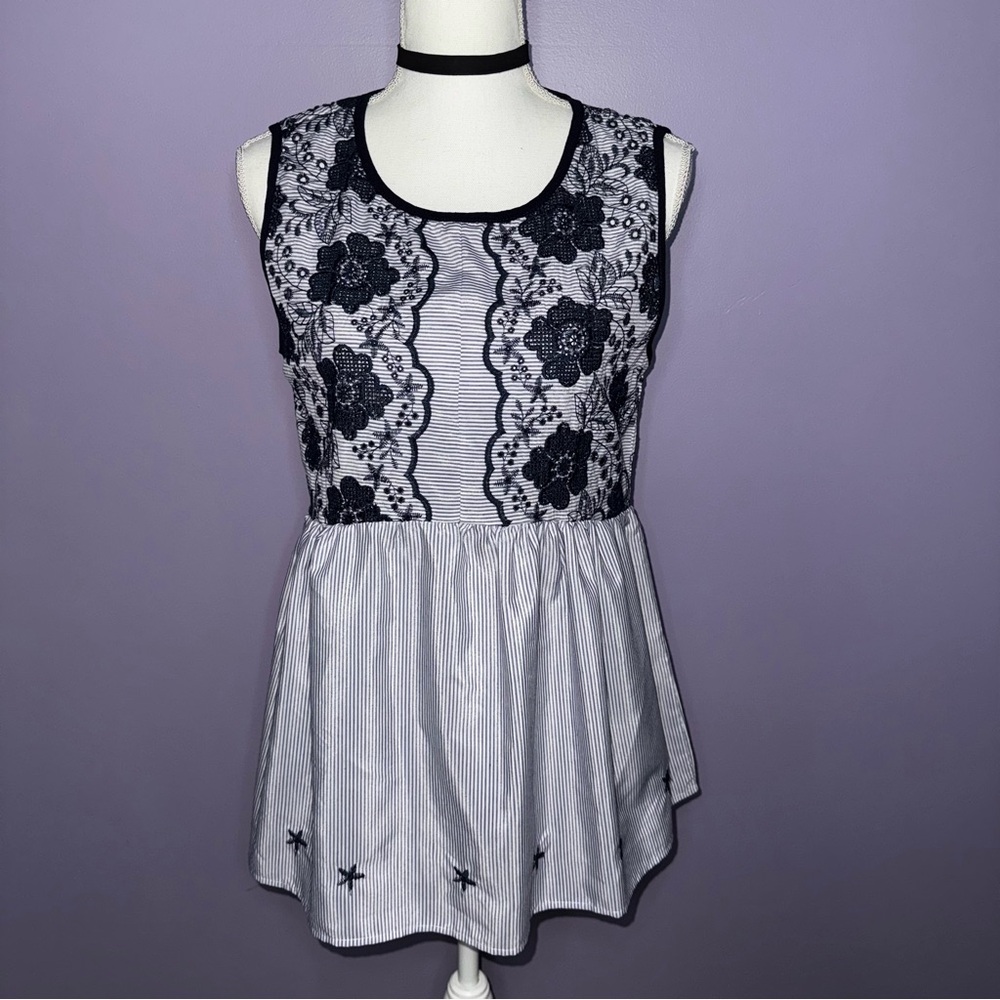 NEW Boutique Navy Blue and White Embroidered Top